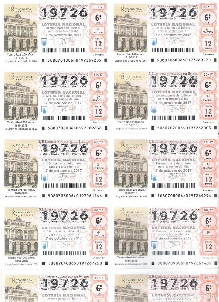 Lotteria Nationale Spagnola: 1 BILLETE LOTERIA NACIONAL SABADO - 7 OCTUBRE 2017 - 80/17 - TEATRO REAL 200 A&Ntilde;OS ( ANIVERSARIO )