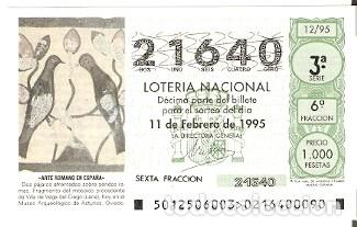 Lotteria Nationale Spagnola: D&eacute;cimo Loter&iacute;a 1995. Dos p&aacute;jaros afrontados sobre sendas ramas. ref. 9-9512