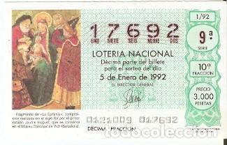 Lotaria Nacional: D&eacute;cimo Loter&iacute;a a&ntilde;o 1992. sorteo n&ordm; 1. Fragmento de la Epifania. Vich. Barcelona. ref. 9-9201