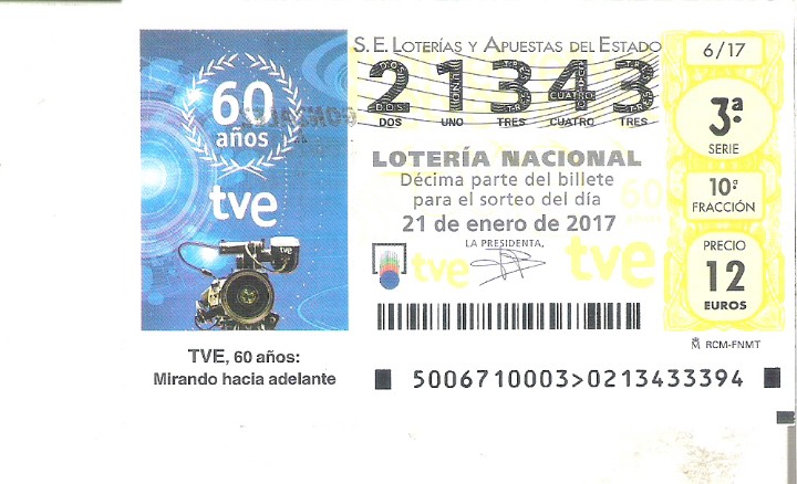 National Spanish Lottery: 1 DECIMO LOTERIA DEL SABADO - 21 ENERO 2017 - 6/17 - TVE 60 A&Ntilde;OS DE TELEVISION ESPA&Ntilde;OLA
