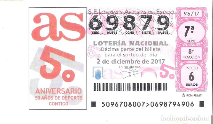 Nationale spanische Lotterie: 1 DECIMO LOTERIA DEL SABADO - 2 DICIEMBRE 2017 - 96/17 - 50 ANIVERSARIO DIARIO DEPORTIVO AS