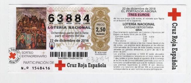 Lotaria Nacional: D&Eacute;CIMO NAVIDAD 22 DICIEMBRE 2016 - N&ordm; 63.884. SORTEO NAVIDAD CRUZ ROJA