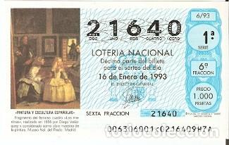 Loter&iacute;a nacional: D&eacute;cimo Loter&iacute;a. a&ntilde;o 1993. Las Meninas. Diego de Velazquez. ref. 9-9306