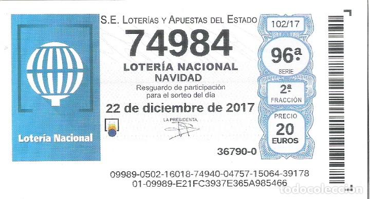 Loterie Nationale: 1 DECIMO LOTERIA NACIONAL SABADO - 22 DICIEMBRE 2017 - 102/17 - NAVIDAD