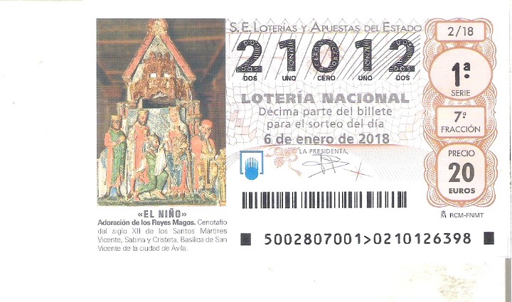 Loterie Nationale: 1 DECIMO LOTERIA SABADO 6 ENERO 2018 2/18 CAPICUA EL NI&Ntilde;O REYES MAGOS - BASILICA SAN VICENTE ( AVILA
