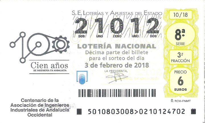 Loterie Nationale: 1 DECIMO LOTERIA NACIONAL SABADO 3 FEBRERO 2018 10/18 CAPICUA CENT. ASOCIAC. INGENIEROS INDUSTRIALES