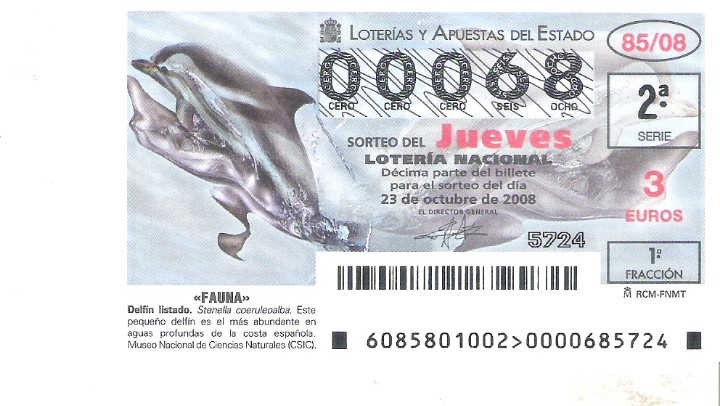 Loterie Nationale: 1 DECIMO LOTERIA DEL JUEVES - 23 OCTUBRE 2008 - 85/08 - FAUNA MARINA - ANIMALES - DELFIN LISTADO