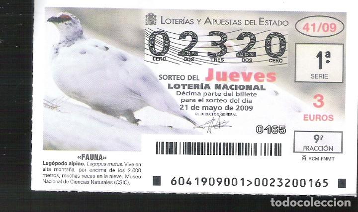 Loterie Nationale: 1 DECIMO DE LOTERIA JUEVES - 21 MAYO 2009 - 41/09 - CAPICUA - FAUNA - AVES - LAGOPODO ALPINO