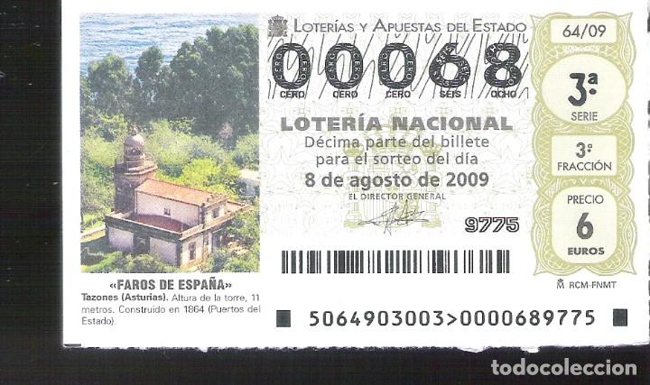 Nationale spanische Lotterie: 1 DECIMO LOTERIA DEL SABADO - 8 AGOSTO 2009 - 64/09 - FAROS DE ESPA&Ntilde;A - TAZONES ( ASTURIAS )