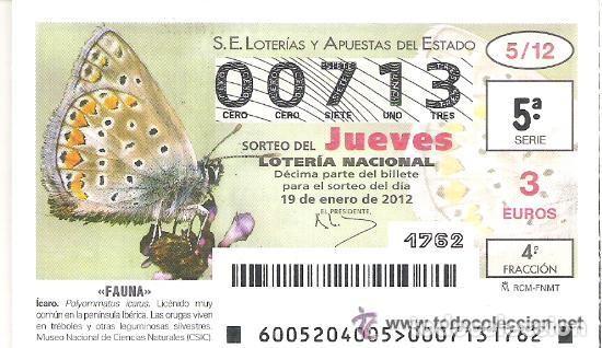 Loterie Nationale: 1 DECIMO LOTERIA DEL JUEVES - 19 ENERO 2012 - 5/12 - FAUNA - MARIPOSAS - ICARO
