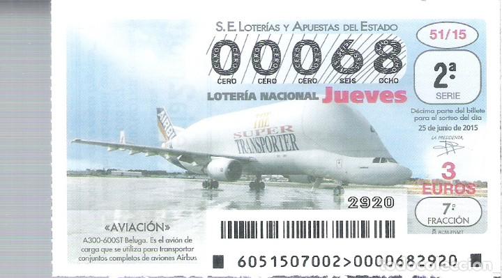 Lotaria Nacional: 1 DECIMO LOTERIA DEL JUEVES - 25 JUNIO 2015 - 51/15 - AVIACION - AVIONES - AVION A300-600ST BELUGA