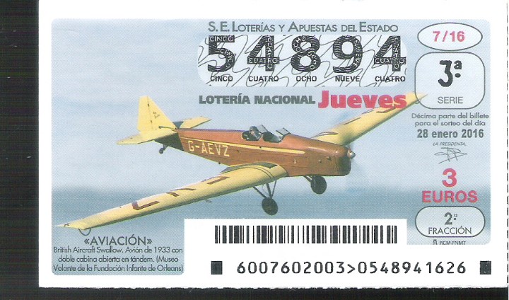 Lotaria Nacional: 1 DECIMO LOTERIA DEL JUEVES 28 ENERO 2016 7/16 AVIACION - AVIONES AVION BRITISH AIRCRAFT SWALLOW