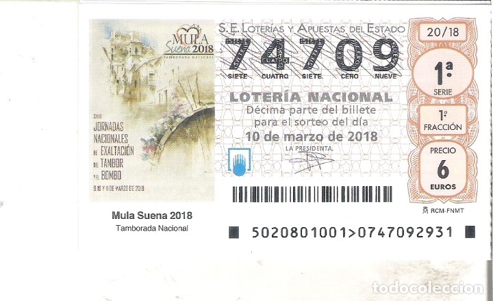 Loterie Nationale: 1 DECIMO LOTERIA NACIONAL SABADO 10 MARZO 2018 - 20/18 - EXALTACION TAMBOR Y BOMBO ( MULA - MURCIA