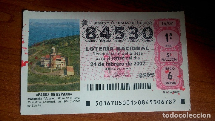 Loterie Nationale: 1 DECIMO DE LOTERIA DEL SABADO - 24 FEBRERO 2007 - 16/07 - FAROS DE ESPA&Ntilde;A - MATXITXAKO ( VIZCAYA )