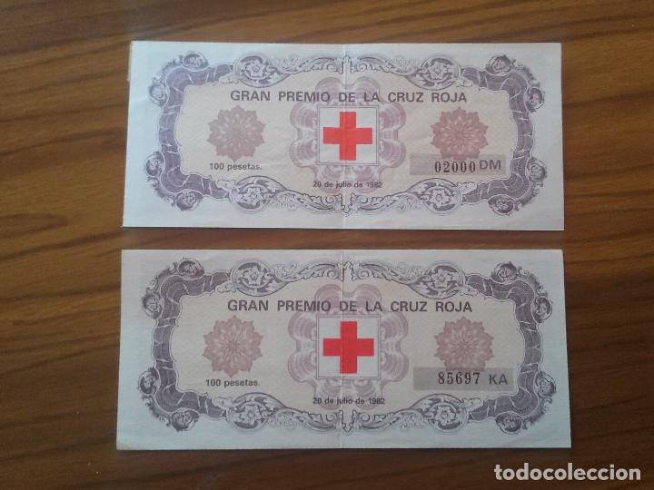 National Spanish Lottery: GRAN PREMIO DE LA CRUZ ROJA. DOS PARTICIPACIONES. JUNIO DE 1982. BUEN ESTADO. RARO