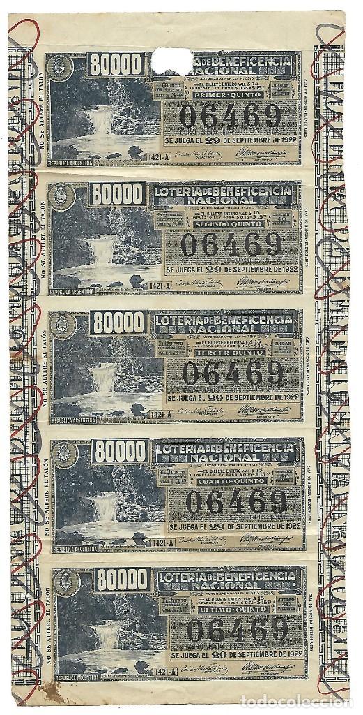 National Spanish Lottery: HOJA DE 5 BILLETES DE LOTERIA NACIONAL DE BENEFICENCIA DE BUENOS AIRES, ARGENTINA SEPTIEMBRE  1922