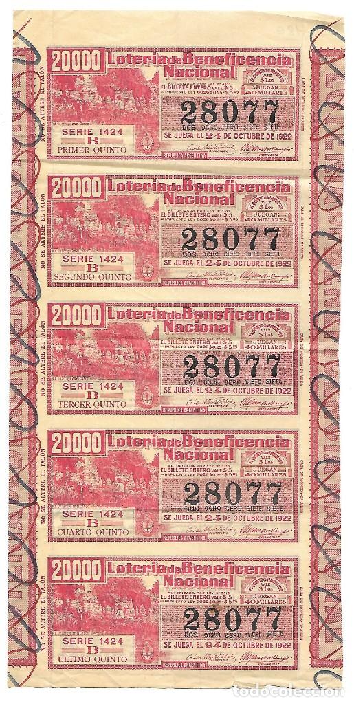 National Spanish Lottery: HOJA DE 5 BILLETES DE LOTERIA NACIONAL DE BENEFICENCIA DE BUENOS AIRES, ARGENTINA OCTUBRE 1922