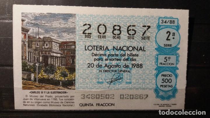 Loter&iacute;a Nacional: Decimo Loteria Nacional 20 Agosto 1988. Sorteo 34/88. Museo del Prado (Juan de Villanueva). N&ordm; 20867