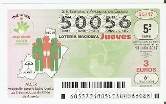 Lotteria Nationale Spagnola: Loter&iacute;a del Jueves, sorteo n&ordm; 55 de 2017. Alcer, Asociaci&oacute;n del Ri&ntilde;&oacute;n. ref. 10-17-55