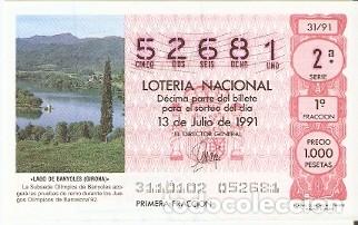Lotteria Nationale Spagnola: D&eacute;cimo Loter&iacute;a, sorteo n&ordm; 31 de 1991. Lago de Banyoles. Girona. ref. 9-9131