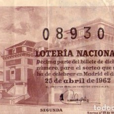 Lotería Nacional: LOTERIA NACIONAL NÚMERO 08930 DEL 25 ABRIL 1962 MUSEO DEL PRADO - MADRID
