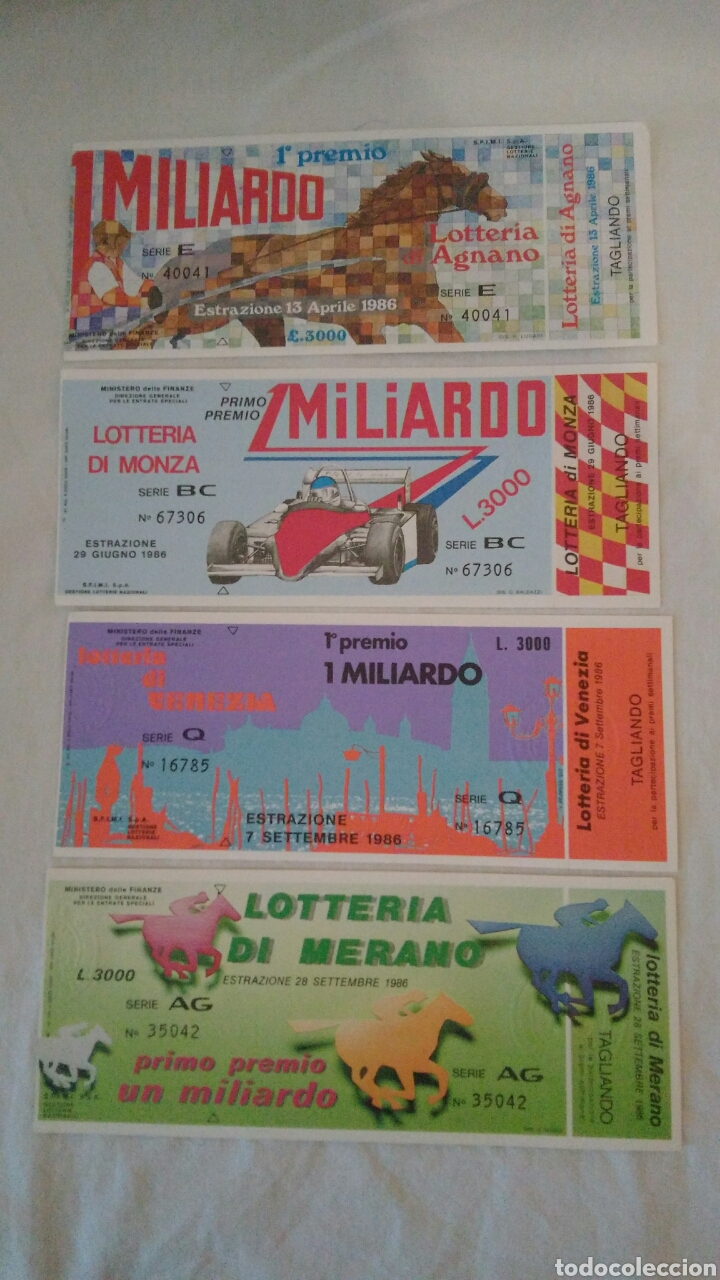 Lotaria Nacional: CUATRO BOLETOS DE LOTER&Iacute;A ITALIANA, PRECIOSOS, 1986, VER