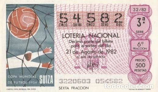 Loter&iacute;a nacional: 1 DECIMO LOTERIA NACIONAL - 1982 - FUTBOL  - CARTEL COPA MUNDIAL 1954  - SUIZA