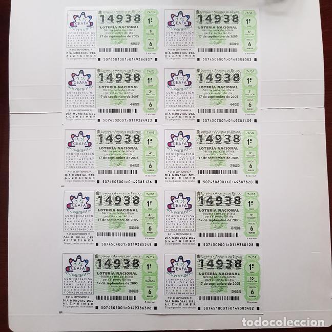 National Spanish Lottery: BILLETE LOTER&Iacute;A NACIONAL, SORTEO 74/05, 17 SEPTIEMBRE 2005, DIA MUNDIAL ALZHEIMER, N&ordm; 14938