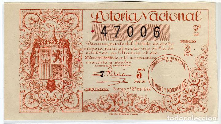 Loter&iacute;a Nacional: BONITO DECIMO DE LOTERIA NACIONAL - MADRID 22 DE SEPTIEMBRE DE 1944 - SORTEO 27