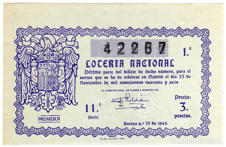 Loter&iacute;a Nacional: PRECIOSO DECIMO DE LOTERIA NACIONAL - MADRID 25 DE NOVIEMBRE DE 1946 - SORTEO 33