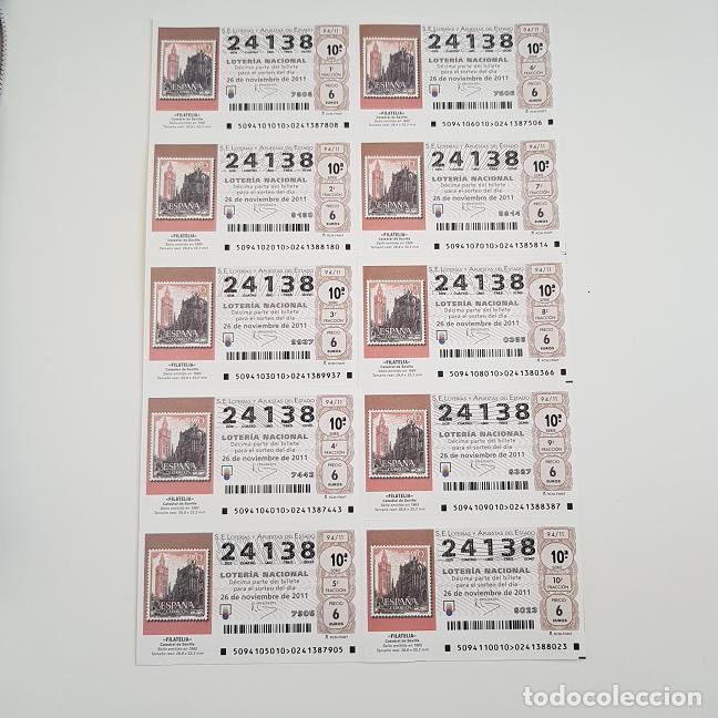 Lotteria Nationale Spagnola: BILLETE LOTER&Iacute;A NACIONAL, SORTEO 94/11, 2011, FILATELIA-CATEDRAL DE SEVILLA, N&ordm; 24138