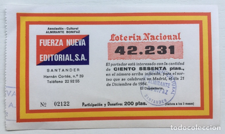 Loter&iacute;a Nacional: Participaci&oacute;n Loteria Nacional Fuerza Nueva Editorial - Falange - A&ntilde;o 1984 - Santander (Cantabria)