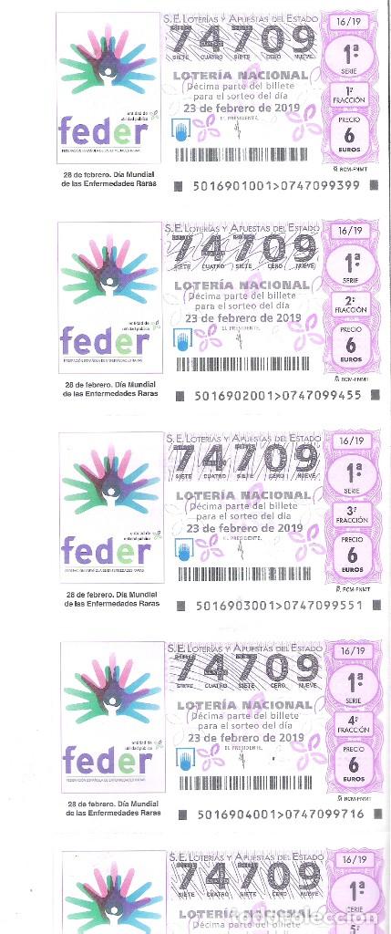 Nationale spanische Lotterie: 1/2 BILLETE 5 DECIMOS LOTERIA SABADO 23 FEBRERO 2019 - 16/19 -DIA MUNDIAL DE LAS ENFERMEDADES RARAS