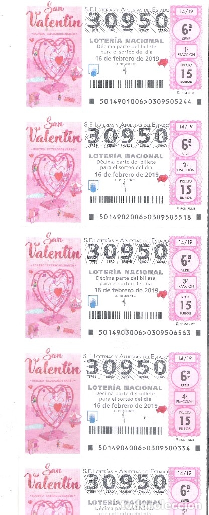 Nationale spanische Lotterie: 1/2 BILLETE 5 DECIMOS LOTERIA SABADO 16 FEBRERO 2019 - 14/19 - SAN VALENTIN