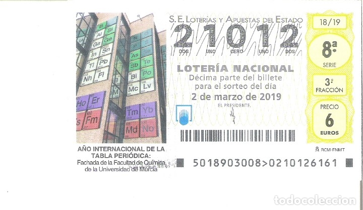 Nationale spanische Lotterie: 1 DECIMO LOTERIA SABADO 2 MARZO 2019 18/19 capicua - TABLA PERIODICA FACULTAD QUIMICA UNIVERS MURCIA