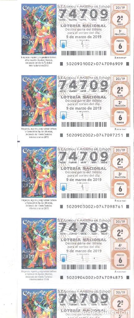 Loterie Nationale: 1/2 BILLETE 5 DECIMOS LOTERIA SABADO - 9 MARZO 2019 - 20/19 - CARNAVAL DE AGUILAS ( MURCIA