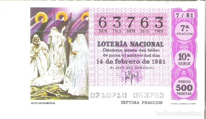 Loterie Nationale: 1 DECIMO LOTERIA DEL SABADO - 14 FEBRERO 1981 - 7/81 - AUTO SACRAMENTAL ( FUCSIA )