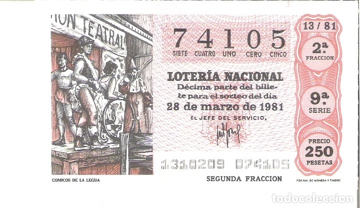 Loterie Nationale: 1 DECIMO LOTERIA SABADO - 28 MARZO 1981 - 13/81 - COMICOS DE LA LEGUA ( COLOR MARRON CLARO