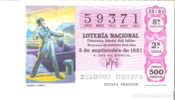Loterie Nationale: 1 DECIMO LOTERIA DEL SABADO - 5 SEPTIEMBRE 1981 - 35/81 - ZARZUELA MARINA ( COLOR FUCSIA