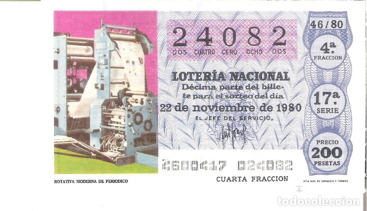 Loterie Nationale: 1 DECIMO LOTERIA SABADO 22 NOVIEMBRE 1980 46/80 PERIODICOS ROTATIVA MODERNA PERIODICO ( COLOR AZUL