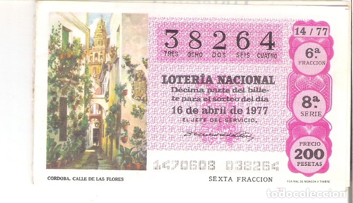 Nationale spanische Lotterie: 1 DECIMO LOTERIA SABADO - 16 ABRIL 1977 - 14/77 - CALLE DE LAS FLORES ( CORDOBA - COLOR FUCSIA