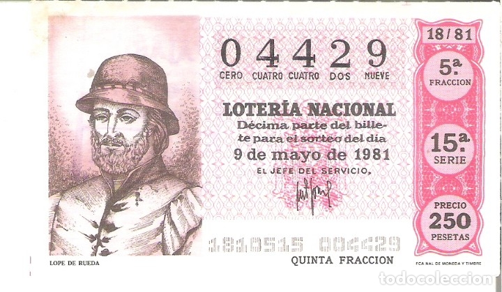 Lotaria Nacional: 1 DECIMO LOTERIA DEL SABADO - 9 MAYO 1981 - 18/81 - LOPE DE RUEDA ( COLOR ROJO