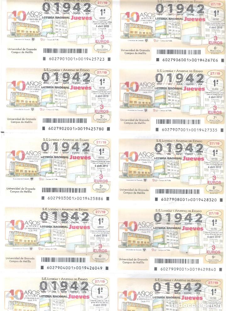 Nationale spanische Lotterie: 1 BILLETE LOTERIA NACIONAL JUEVES  4 ABRIL 2019 - ( 27/19 ) - UNIVERSIDAD GRANADA DE CAMPUS MELILLA