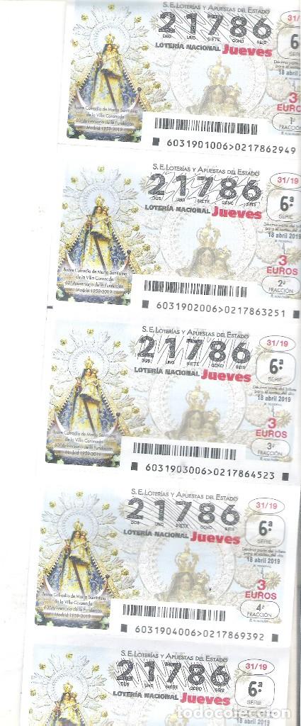 Nationale spanische Lotterie: 5 DECIMOS LOTERIA JUEVES 18 ABRIL 2019 - 31/19 SEMANA SANTA COFRADIA MARIA STMA DE LA VILLA CORONADA