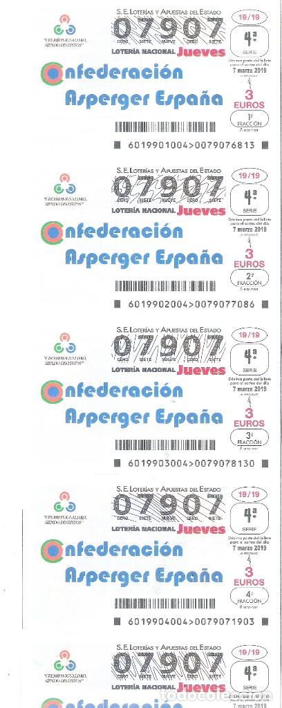 Nationale spanische Lotterie: 5 DECIMOS 1/2 BILLETE LOTERIA DEL JUEVES 7 MARZO 2019 - 19/19 - CONFEDERACION ASPERGER ESPA&Ntilde;A