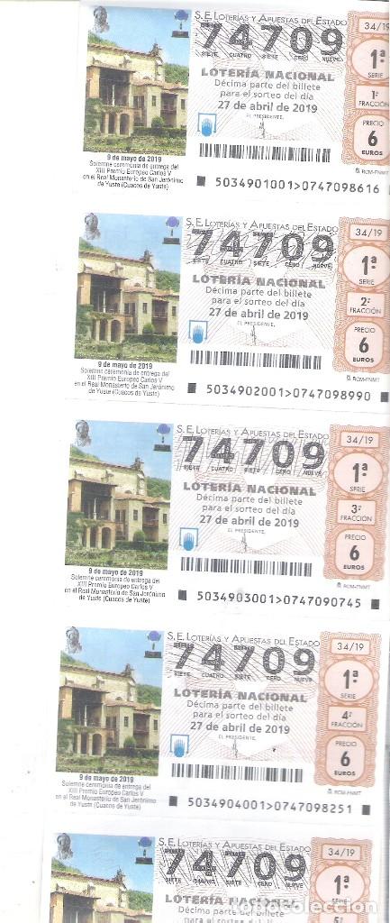 Nationale spanische Lotterie: 5 DECIMOS LOTERIA NACIONAL SABADO 27 ABRIL 2019 34/19 MONASTERIO SAN JERONIMO CUACOS D YUSTE BADAJOZ