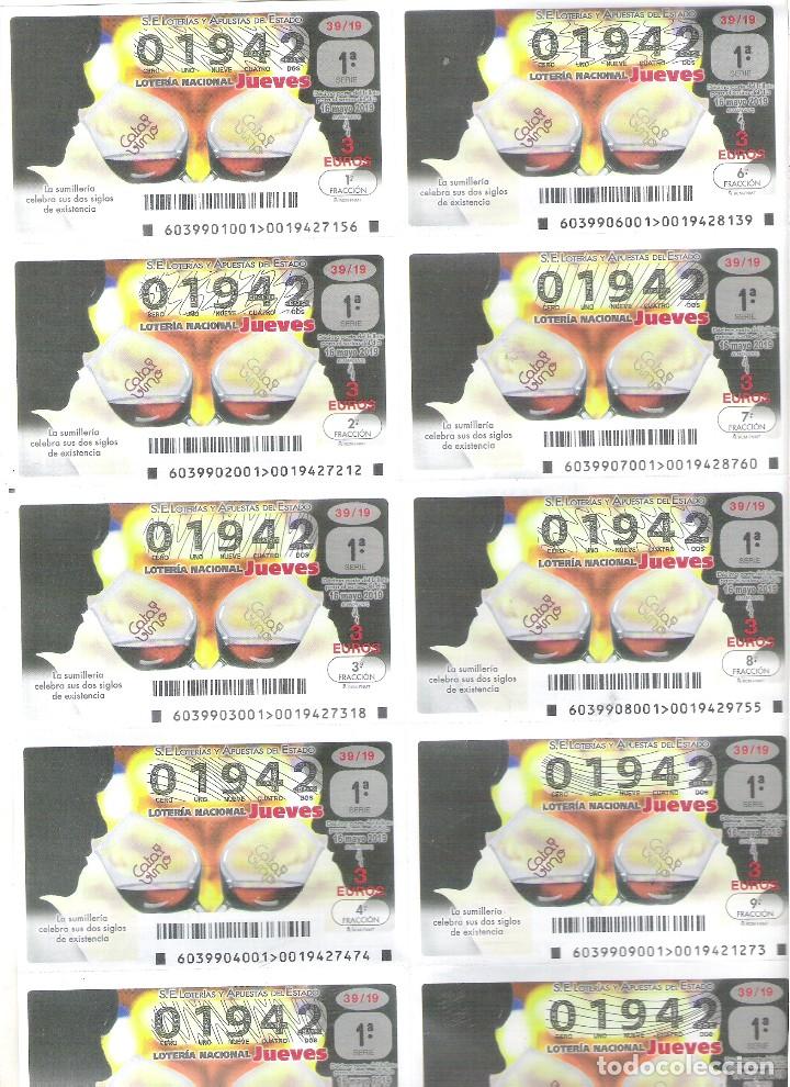 Nationale spanische Lotterie: 1 BILLETE LOTERIA NACIONAL JUEVES - 16 MAYO 2019 - 39/19 LA SUMILLERIA CATADORES DE VINOS