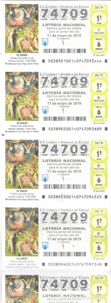 Nationale spanische Lotterie: 5 DECIMOS MEDIO BILLETE LOTERIA NACIONAL SABADO 11 MAYO 2019 38/19 EL BOSCO - JARDIN DE LAS DELICIAS
