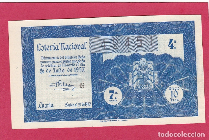 National Spanish Lottery: LOTERIA NACIONAL SORTEO 21 DE 1957