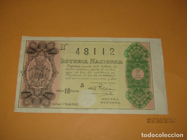 Loter&iacute;a Nacional: Antiguo Vigesimo de Loteria 10 Ptas. SORTEO n&ordm; 9 del 23 de Marzo de 1942